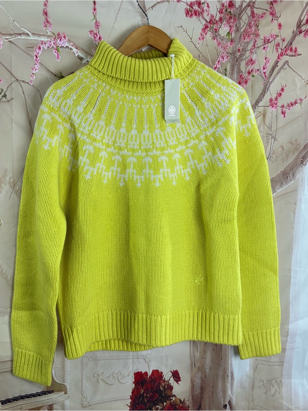 NEW Tory Burch Merino Wool Lime Fair Isle Turtleneck Sweater - Picture 2 of 10